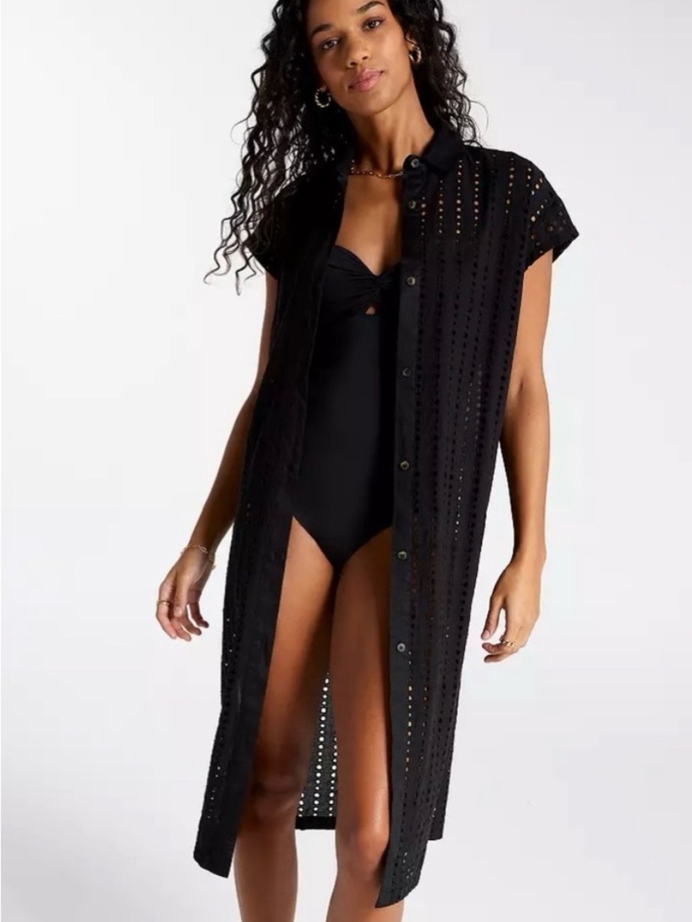 CALIA by Carrie Underwood Black Eyelet Button-Front Swim Coverup